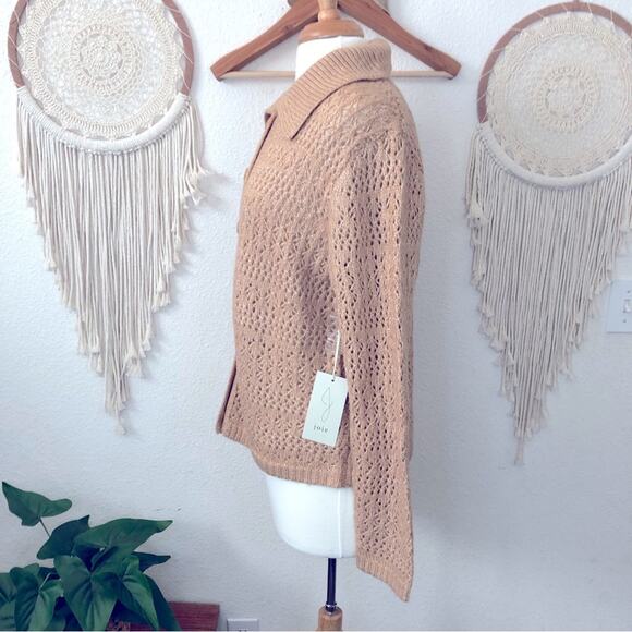 Joie super soft tan open knit collared button front cardigan large NEW - Picture 3 of 6